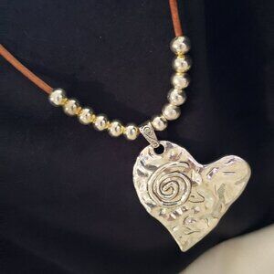 Silver heart with beads on leather necklace
